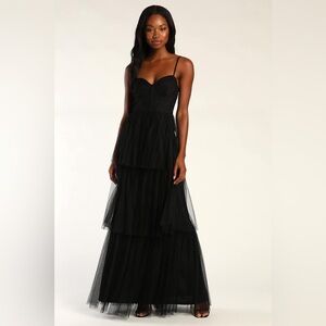 Lulus Tulle-y Amazing Black Tulle Sleeveless Bustier Maxi Dress Size Large NWT